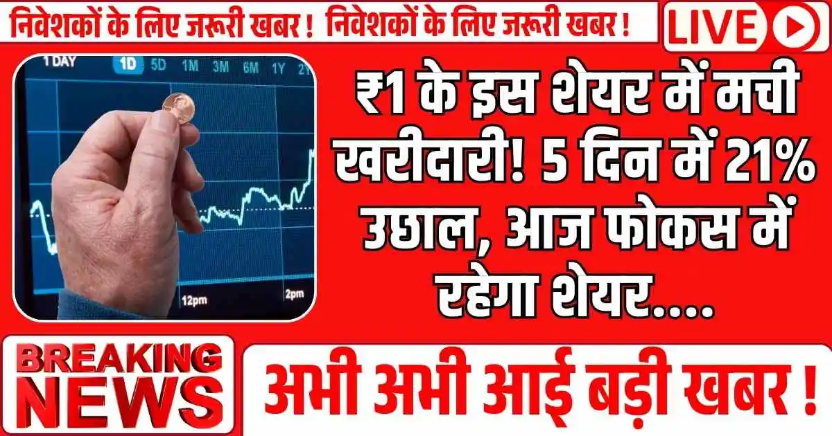 Penny Stock : ₹1 के इस शेयर में मची खरीदारी! 5 दिन में 21% उछाल, आज फोकस में रहेगा शेयर....